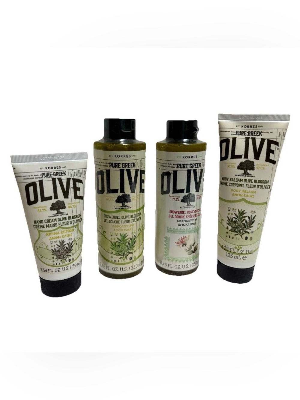KORRES 4pc Pure Greek Olive HONEYSUCKLE Shower Gel Olive Blossom Body Hand Cream
